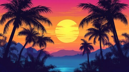 Obraz premium The vibrant sunset illuminates the silhouettes of palm trees and mountains