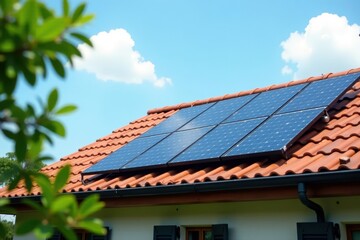 Fototapeta premium Solar panel array being affixed to residential roof, power, tools