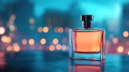Amber perfume bottle on reflective surface with blurred city lights background.