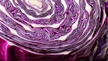 Ultra-macro shot of a red cabbage cross-section, showcasing its intricate, mesmerizing swirling patterns and rich purple hues, emphasizing the natural beauty and detail of the vegetable.
