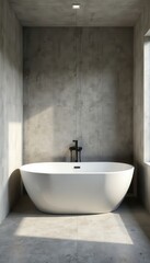 Fototapeta premium Textured concrete walls, freestanding tub, natural light, apartment, texture, design