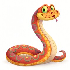Fototapeta premium Cheerful Cartoon Snake with Ornate Red and Yellow Scales Isolated on White Background