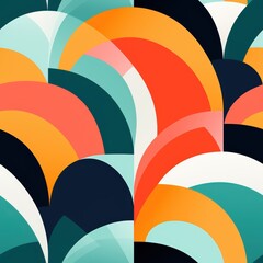 A bold and dynamic seamless pattern featuring overlapping arches and curved geometric shapes in a vibrant color palette of orange, teal, black, and cream.