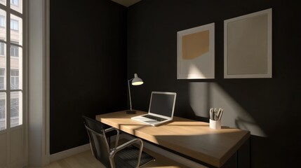 Modern minimalist home office workspace with laptop, natural light, city view