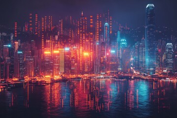 Fototapeta premium Neon city skyline at night reflected in water with distant hills