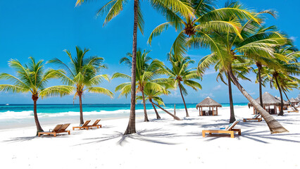 Tropical paradise with white sandy beach, turquoise ocean, palm trees, and sun loungers under a bright blue sky. Idyllic vacation scene perfect for relaxation and travel dreams.