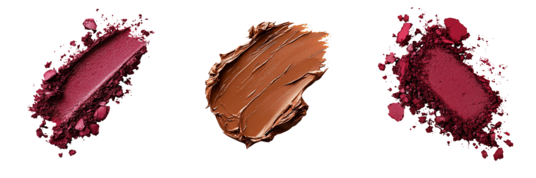 Three vibrant makeup swatches in pink and brown hues showcasing texture and color variations. isolated on white background and transparent background