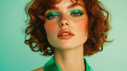 Close up Portrait of a Young Woman with Red Curly Hair and Green Eyeshadow