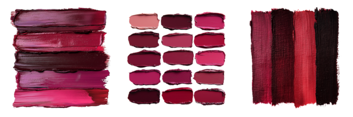 A vibrant assortment of pink and red lipstick swatches arranged in three sections, showcasing various shades and textures isolated on white background and transparent background