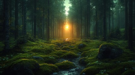 Fototapeta premium Sunrise illuminating mossy forest path with misty background