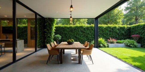 Fototapeta premium Glass-walled dining area opens to manicured garden, sleek modern home , Modern, dining, garden