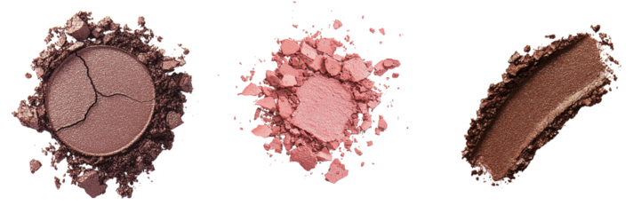 Cosmetic powders in various shades scattered on a black surface, showcasing texture and color diversity for beauty and makeup applications. isolated on white background and transparent background