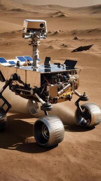 An advanced robotic rover exploring the dusty red terrain of Mars
