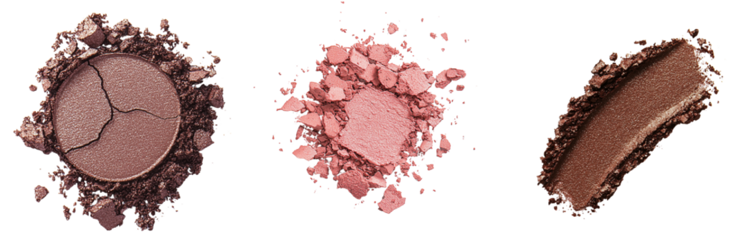 Cosmetic powders in various shades scattered on a black surface, showcasing texture and color diversity for beauty and makeup applications. isolated on white background and transparent background