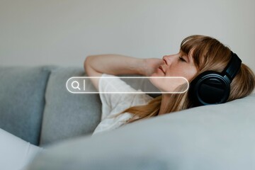 Woman listening to music during coronavirus quarantine on a couch