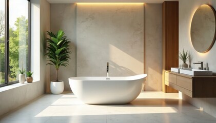 Fototapeta premium Sleek freestanding tub in a spacious modern bath, luxury bath, stylish space, design