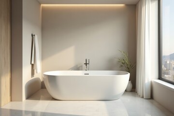 Fototapeta premium Sleek minimalist bathroom, chrome fixtures, empty tub, contemporary, copy space
