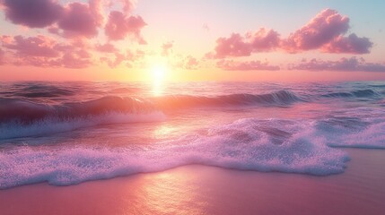Fototapeta premium Ocean waves crashing on sandy beach at sunrise with colorful clouds