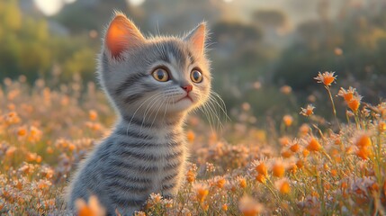 Kitten gazing, sunset field, floral background, pet ad