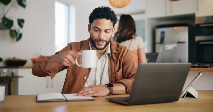 Coffee, writer and man on laptop in home for research, schedule update and editing blog. Review, journalist and drinking beverage for writing story draft, article or to do list for publishing task