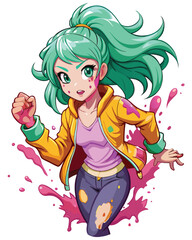 A photorealistic portrait of a young woman with long, flowing teal hair subtly streaked with silver, showcasing intricate highlights and a natural shine.