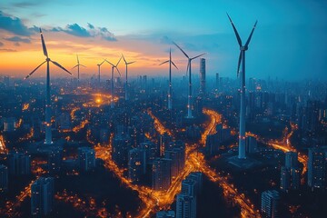 Wind turbines over illuminated city at sunset, generating clean energy