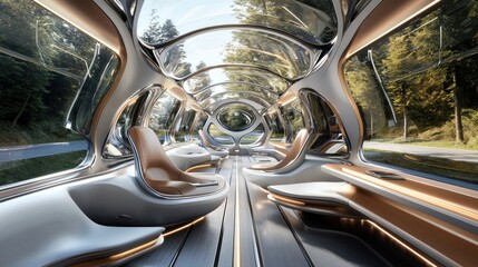 Futuristic vehicle interior with panoramic windows, organic design, and comfortable seating.