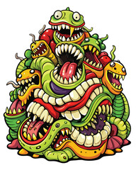 A macabre close-up of a decaying pile of human teeth infested with worms, forming a grotesque wide smile.  The image is unsettling and surreal.