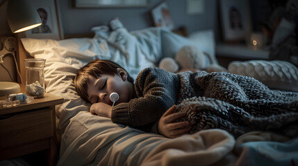 Child Resting in Bed with Thermometer, Battling Illness in Comforting Home Setting