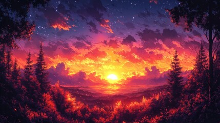 Obraz premium Forest sunset over valley with vibrant sky and starry night