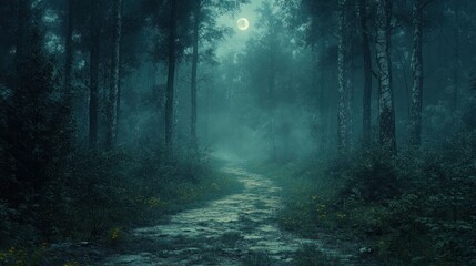 Obraz premium Misty moonlit forest path