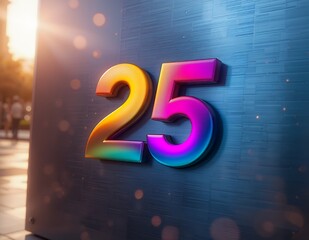 Colorful Number Twenty-Five on Textured Wall with Bokeh and City Background