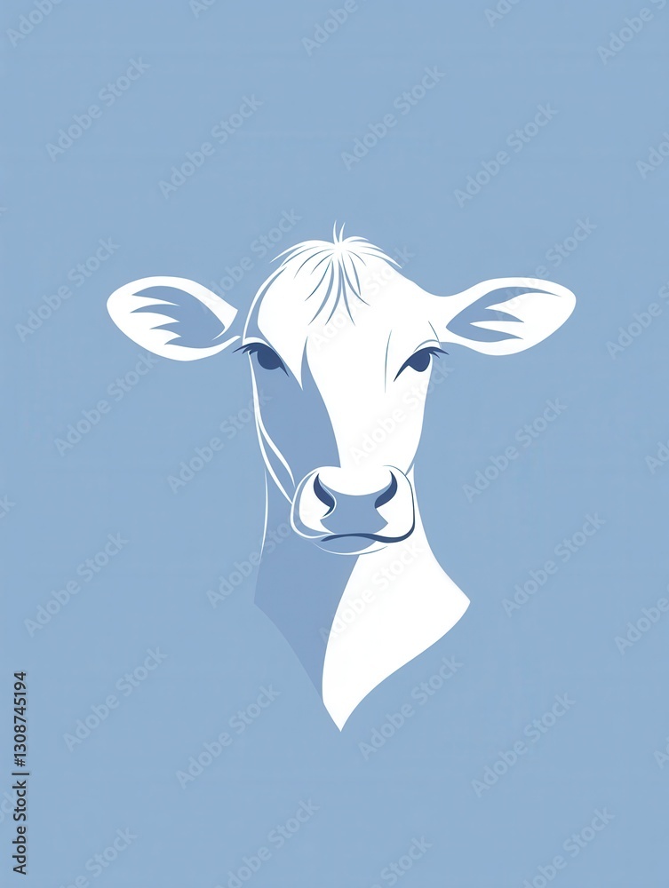 Poster minimalist cow logo for dairy farm branding featuring soft blue and white design elements that enhan