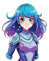 Illustrate a vibrant anime girl in a spacesuit, possessing galaxy-themed hair with swirling nebula colors.  Include stars and cosmic details.