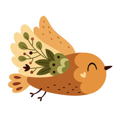 Boho bird clipart. Floral bird, seasonal character in cartoon flat style. Hand drawn vector illustration.	
