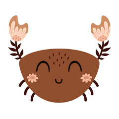 Boho crab clipart. Floral Sea animal. Ocean animal clipart in cartoon flat style. Hand drawn vector illustration