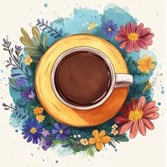 Aromatic Coffee Cup Surrounded by Vibrant Watercolor Flowers and Greenery