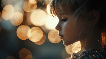 Fototapeta premium A young child looking thoughtfully with soft background lights