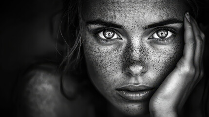 Fototapeta premium An emotional black and white close-up portrait of a woman with her hand on her cheek, eyes wide in astonishment, the play of light and shadow creating depth