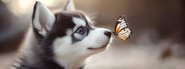 Obraz premium A cute husky puppy with a butterfly perched on its nose 