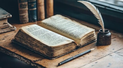 Open antique book with quill pen and inkwell on wooden desk.