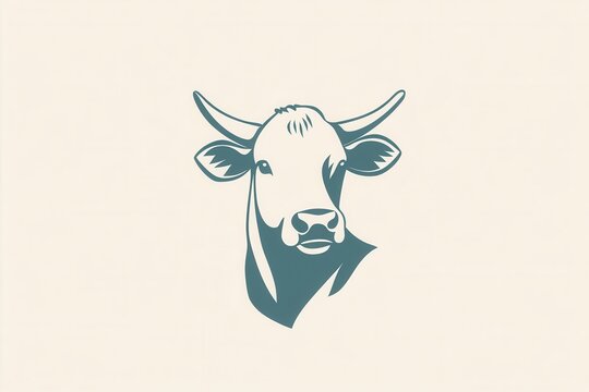 Stylized minimalist cow logo design for dairy farm branding with soft blue and white colors