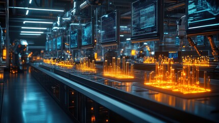 Robotic lab analyzing glowing samples, monitors displaying data, futuristic setting