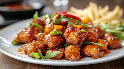 Beautifully Plated Sweet and Sour Chicken Dish with Fresh Vegetables and Garnish