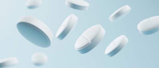 Healthcare and medicine concept with flying white tablets, symbolizing pharmaceuticals, prescription drugs, and innovative medical treatments