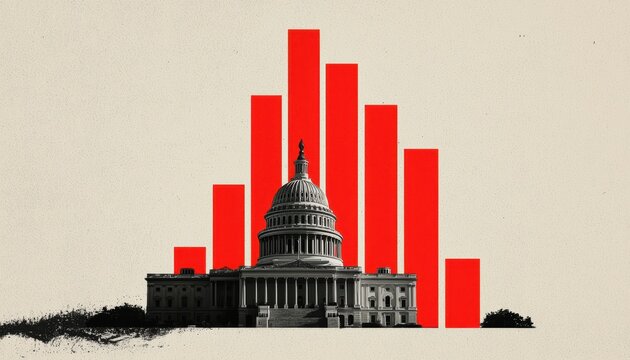 Grunge-style digital collage of the US Capitol with rising bar graphs, symbolizing economic growth and political influence, bold vintage colors