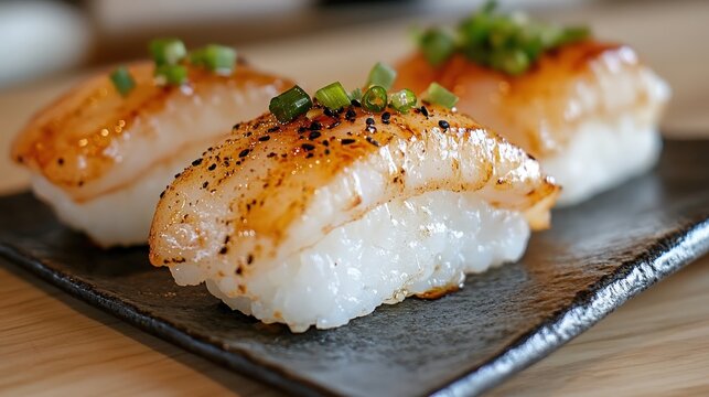 Delicious aburi salmon nigiri sushi with black pepper and spring onions on plate