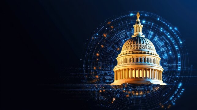 High-tech economic illustration of the US Capitol with virtual financial growth indicators, digital transformation of government financial policies