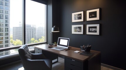 Modern office, city view, desk, laptop, workday