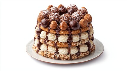 Indulge in decadent delight with this exquisite chocolate cake, a masterpiece of culinary artistry featuring layers of rich chocolate ganache, delicate cream frosting, and an array of delectable